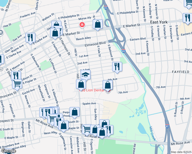 map of restaurants, bars, coffee shops, grocery stores, and more near 1516 4th Avenue in York