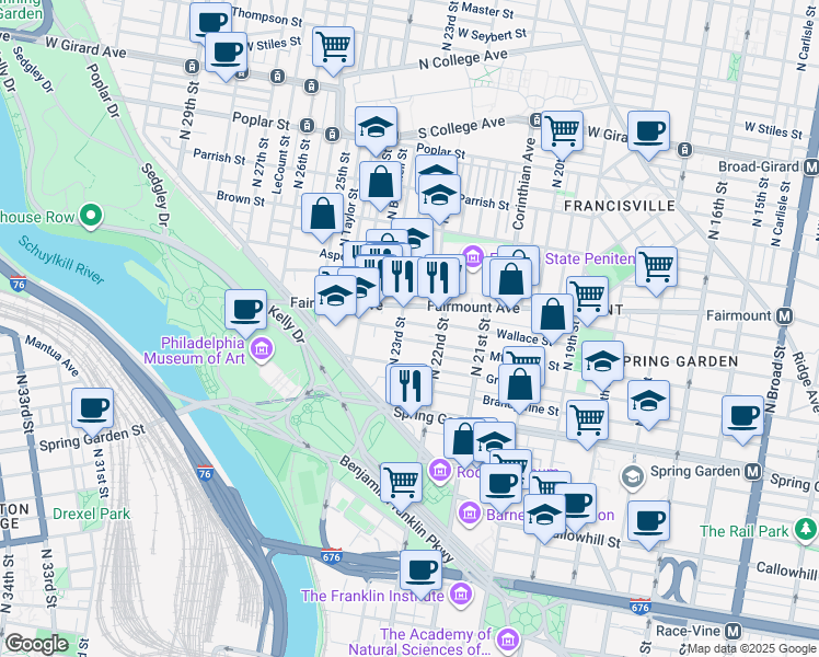 map of restaurants, bars, coffee shops, grocery stores, and more near 2220 Wallace Street in Philadelphia