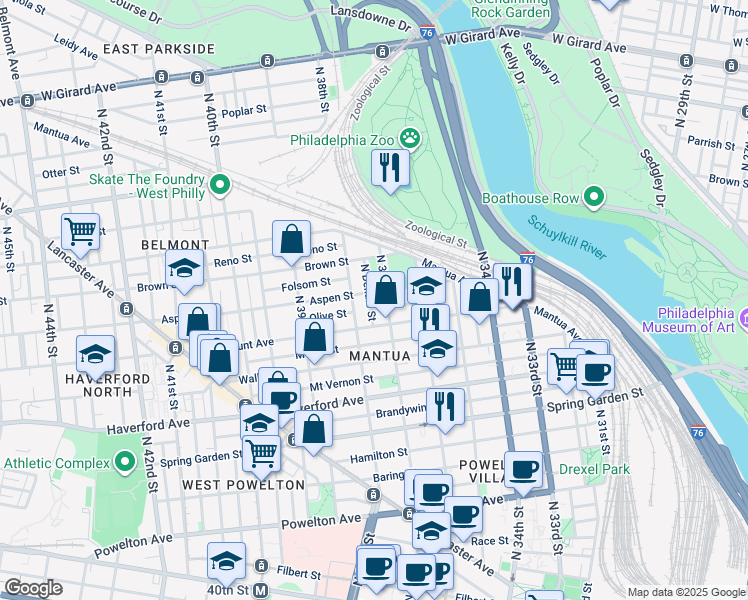 map of restaurants, bars, coffee shops, grocery stores, and more near 729 North Dekalb Street in Philadelphia