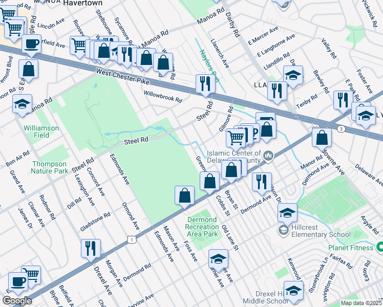 map of restaurants, bars, coffee shops, grocery stores, and more near 332 Greenview Lane in Havertown