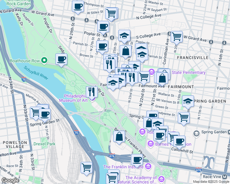map of restaurants, bars, coffee shops, grocery stores, and more near 2428 Green Street in Philadelphia