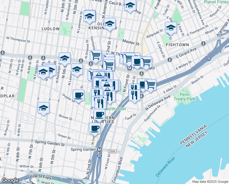map of restaurants, bars, coffee shops, grocery stores, and more near 150 East Wildey Street in Philadelphia