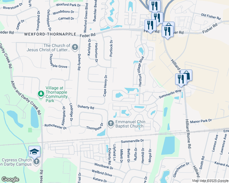 map of restaurants, bars, coffee shops, grocery stores, and more near 5627 Cedar Springs in Columbus