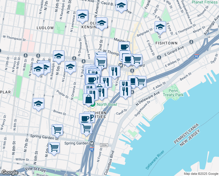 map of restaurants, bars, coffee shops, grocery stores, and more near 117 West Allen Street in Philadelphia