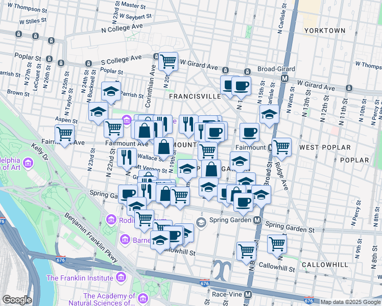 map of restaurants, bars, coffee shops, grocery stores, and more near 626 North 18th Street in Philadelphia