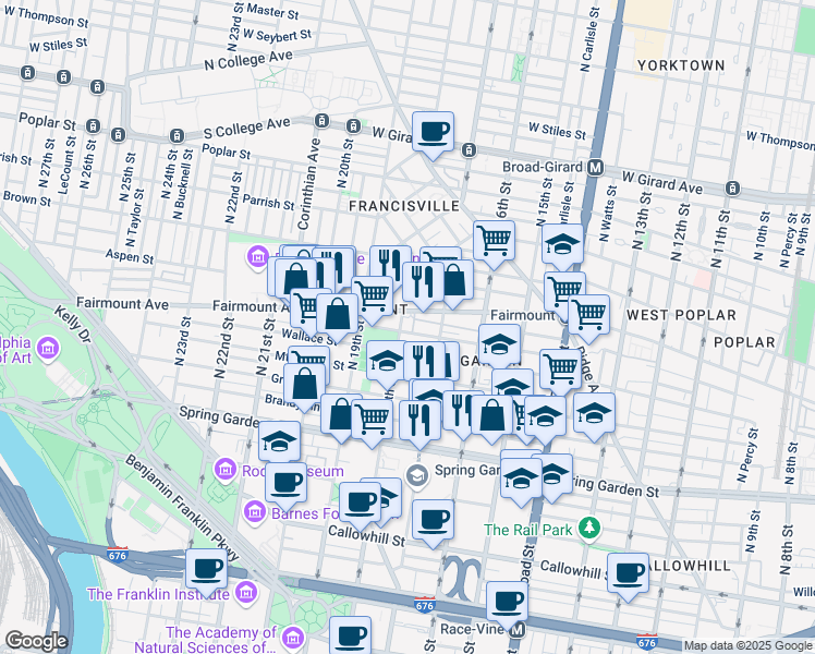 map of restaurants, bars, coffee shops, grocery stores, and more near 627 North 18th Street in Philadelphia