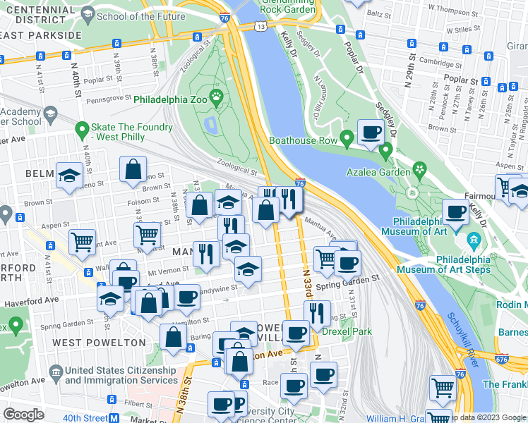 map of restaurants, bars, coffee shops, grocery stores, and more near 719 North Shedwick Street in Philadelphia
