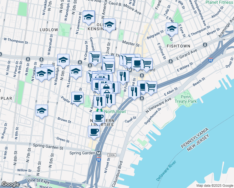 map of restaurants, bars, coffee shops, grocery stores, and more near 119 West Allen Street in Philadelphia