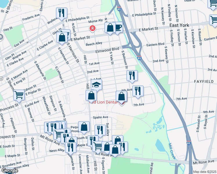 map of restaurants, bars, coffee shops, grocery stores, and more near 1516 4th Avenue in York