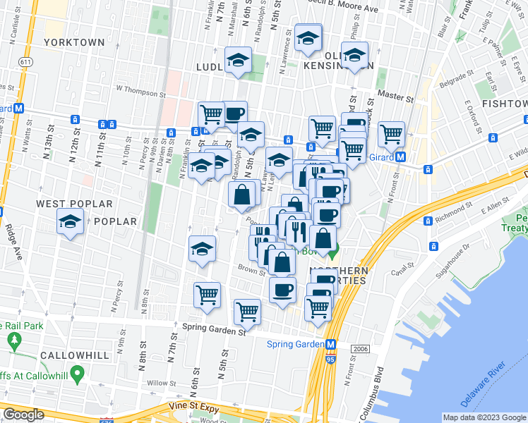 map of restaurants, bars, coffee shops, grocery stores, and more near 928 North Leithgow Street in Philadelphia