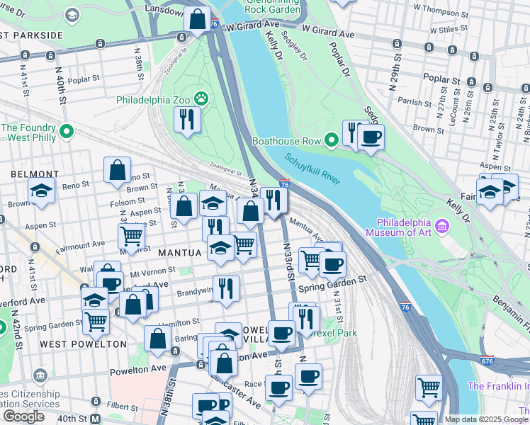 map of restaurants, bars, coffee shops, grocery stores, and more near 3314 Mantua Avenue in Philadelphia