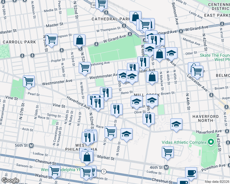 map of restaurants, bars, coffee shops, grocery stores, and more near 5003 Brown Street in Philadelphia
