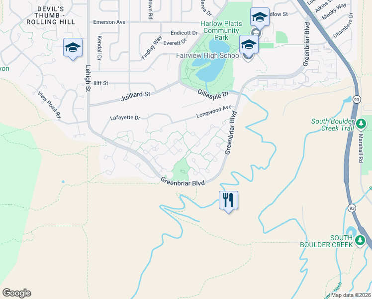 map of restaurants, bars, coffee shops, grocery stores, and more near 3426 Cripple Creek Square in Boulder
