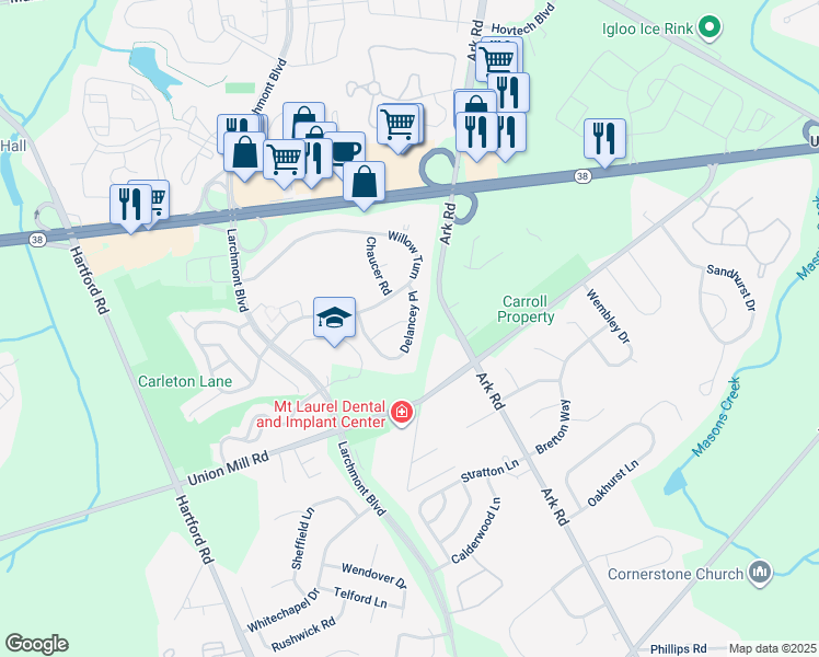 map of restaurants, bars, coffee shops, grocery stores, and more near 313B Delancey Place in Mount Laurel Township
