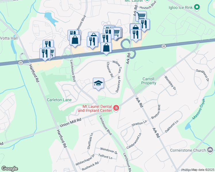 map of restaurants, bars, coffee shops, grocery stores, and more near 312B Mitten Lane in Mount Laurel
