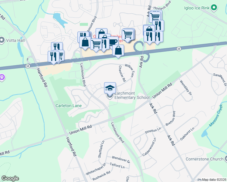map of restaurants, bars, coffee shops, grocery stores, and more near 390B Delancey Place in Mount Laurel Township