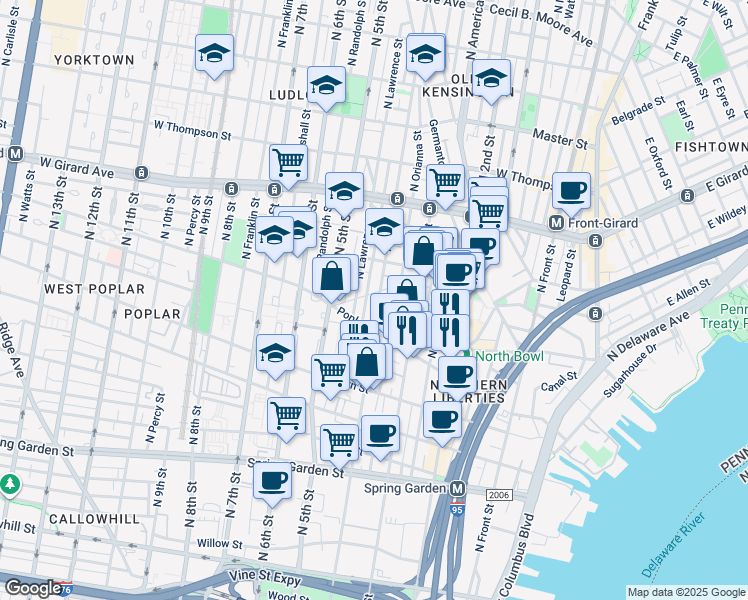 map of restaurants, bars, coffee shops, grocery stores, and more near in Philadelphia