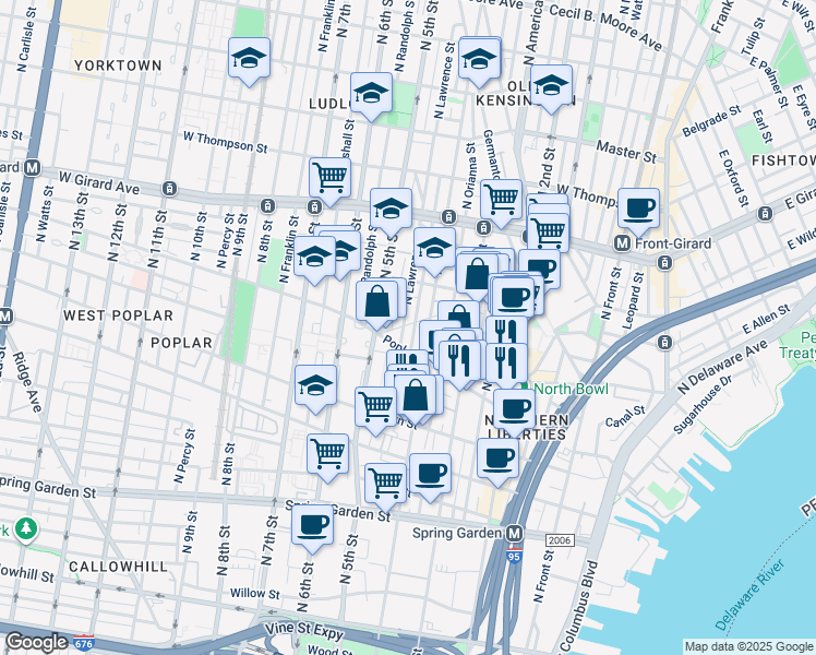 map of restaurants, bars, coffee shops, grocery stores, and more near 923 North Lawrence Street in Philadelphia