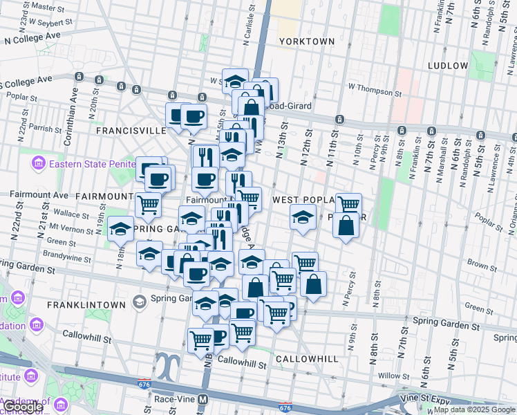 map of restaurants, bars, coffee shops, grocery stores, and more near 638 North 13th Street in Philadelphia