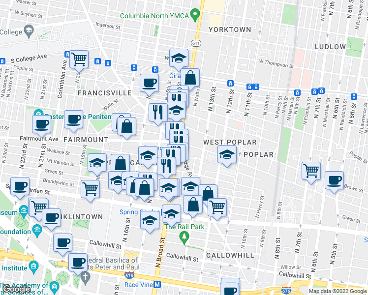 map of restaurants, bars, coffee shops, grocery stores, and more near 699 North Broad Street in Philadelphia