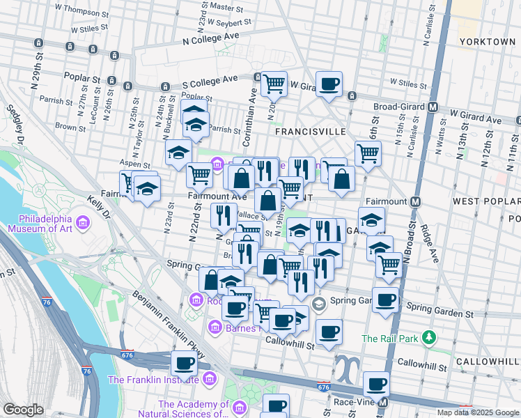 map of restaurants, bars, coffee shops, grocery stores, and more near 1916 Wallace Street in Philadelphia