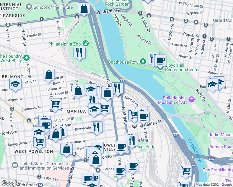 map of restaurants, bars, coffee shops, grocery stores, and more near 673 North 34th Street in Philadelphia