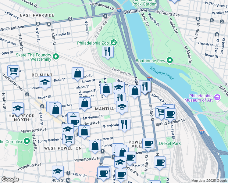 map of restaurants, bars, coffee shops, grocery stores, and more near 676 North 36th Street in Philadelphia