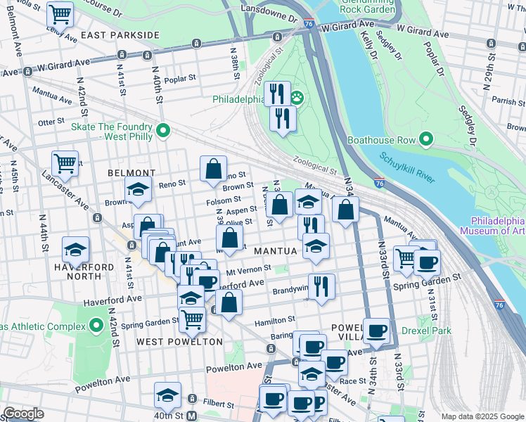 map of restaurants, bars, coffee shops, grocery stores, and more near 3801 Fairmount Avenue in Philadelphia