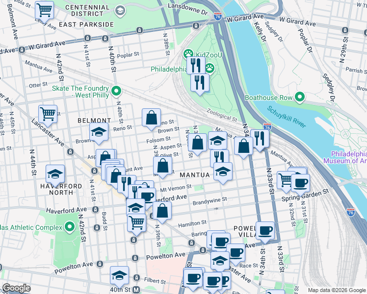 map of restaurants, bars, coffee shops, grocery stores, and more near 3801 Fairmount Avenue in Philadelphia