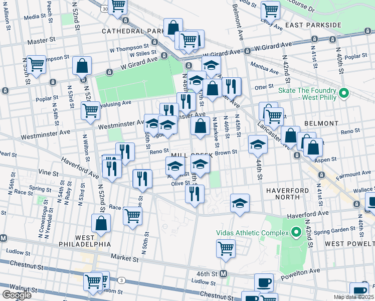 map of restaurants, bars, coffee shops, grocery stores, and more near 4826 Brown Street in Philadelphia
