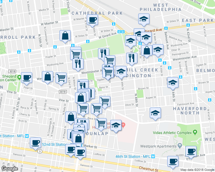 map of restaurants, bars, coffee shops, grocery stores, and more near 5003 Brown Street in Philadelphia