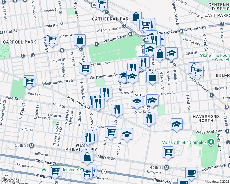 map of restaurants, bars, coffee shops, grocery stores, and more near 5003 Brown Street in Philadelphia