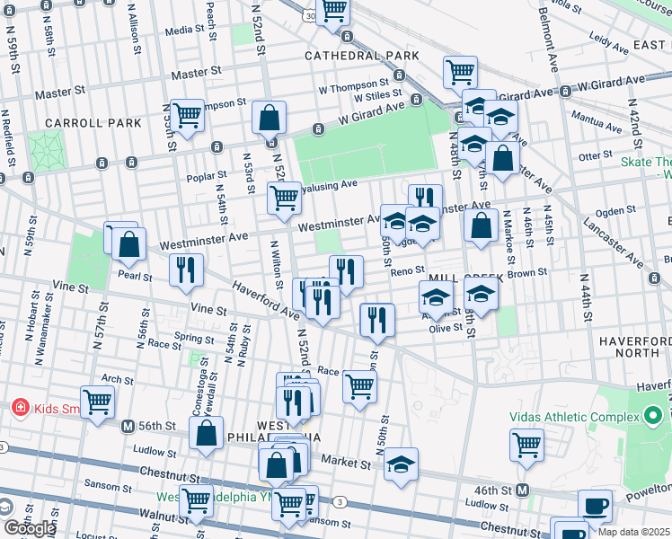 map of restaurants, bars, coffee shops, grocery stores, and more near 5137 Funston Street in Philadelphia