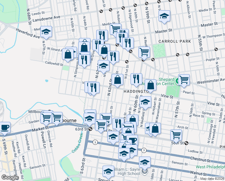 map of restaurants, bars, coffee shops, grocery stores, and more near 224 North Robinson Street in Philadelphia