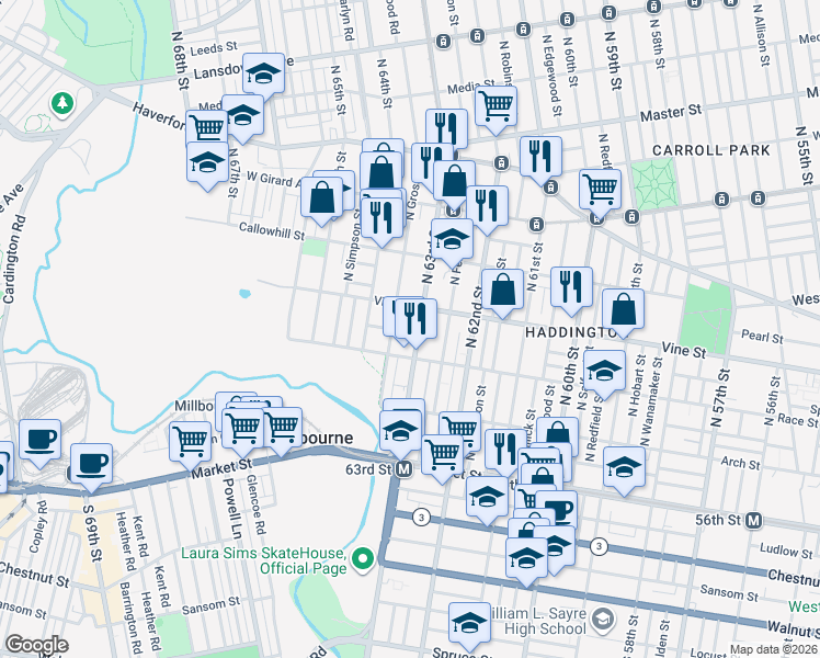 map of restaurants, bars, coffee shops, grocery stores, and more near 207 North 63rd Street in Philadelphia