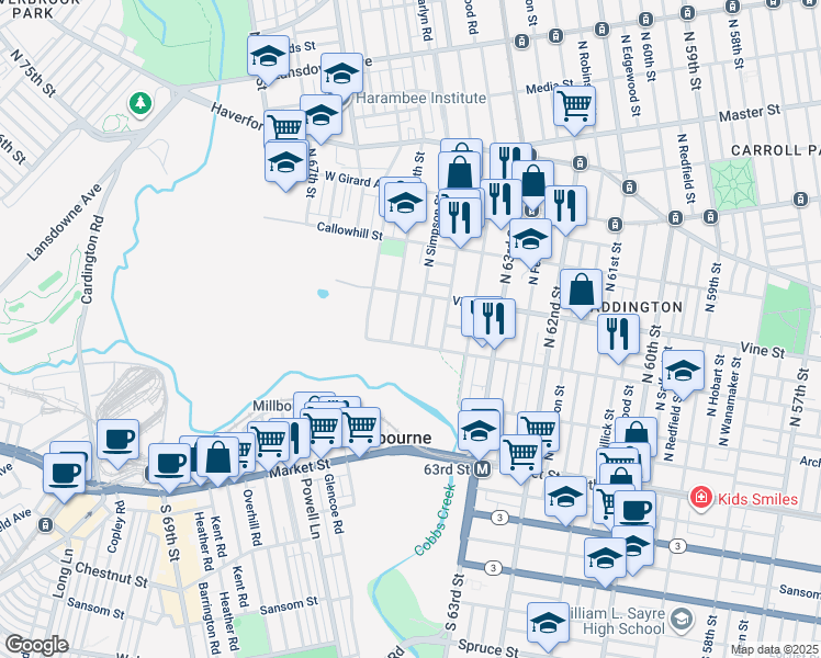 map of restaurants, bars, coffee shops, grocery stores, and more near 218 North Simpson Street in Philadelphia