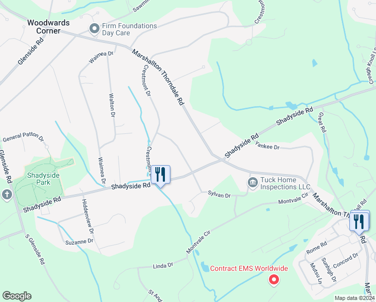 map of restaurants, bars, coffee shops, grocery stores, and more near 1207 Woodward Drive in Downingtown