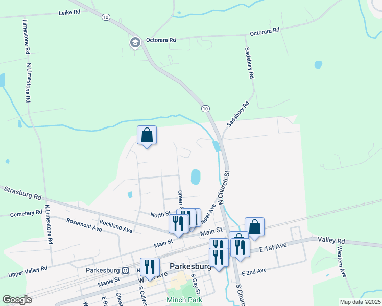 map of restaurants, bars, coffee shops, grocery stores, and more near 101 Washington Street in Parkesburg