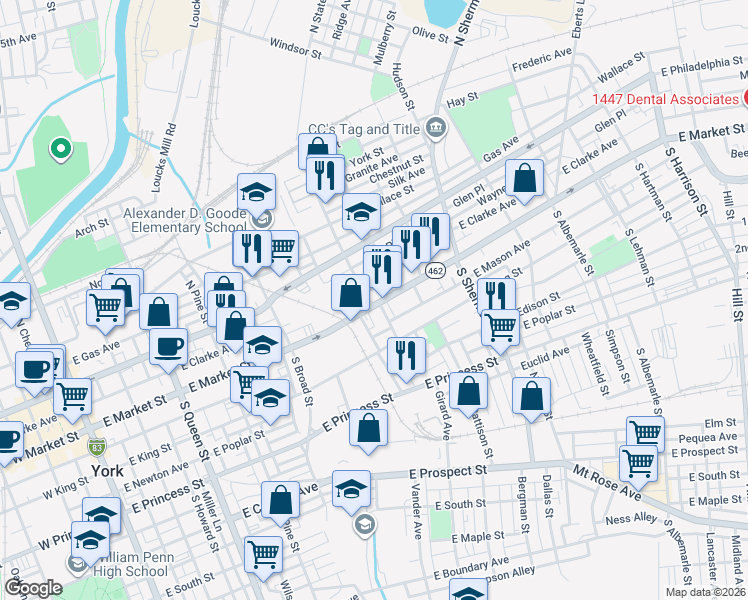 map of restaurants, bars, coffee shops, grocery stores, and more near 526 East Market Street in York