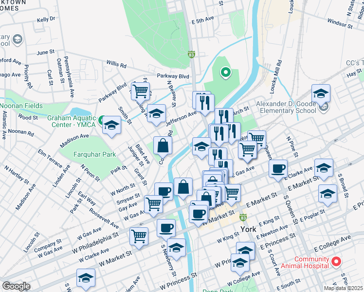 map of restaurants, bars, coffee shops, grocery stores, and more near 127 Stevens Avenue in York