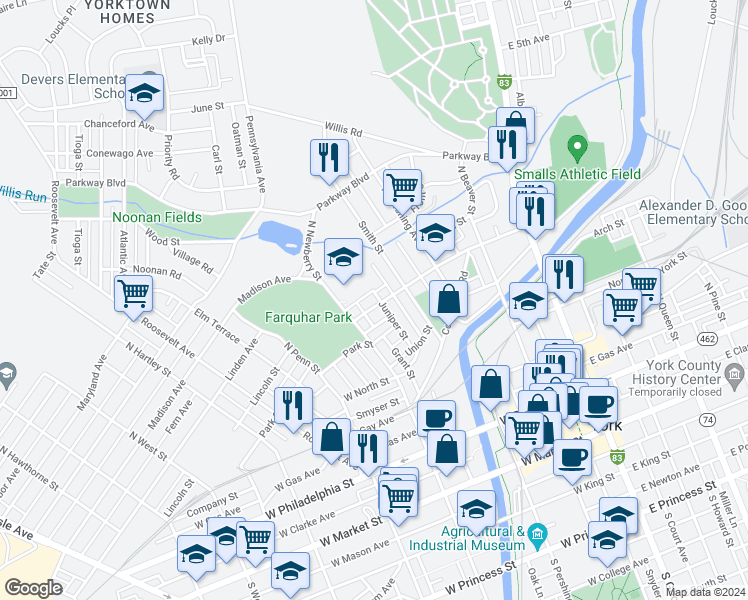 map of restaurants, bars, coffee shops, grocery stores, and more near 283 Park Street in York