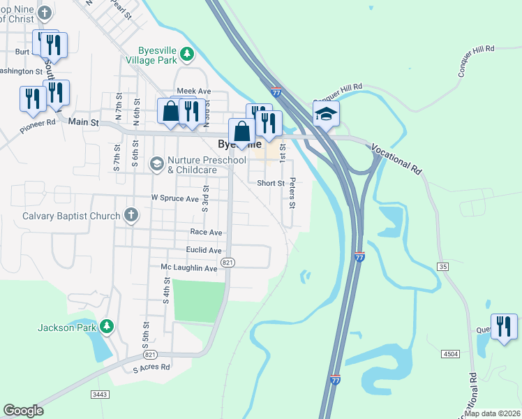 map of restaurants, bars, coffee shops, grocery stores, and more near 205 Greendale Avenue in Byesville