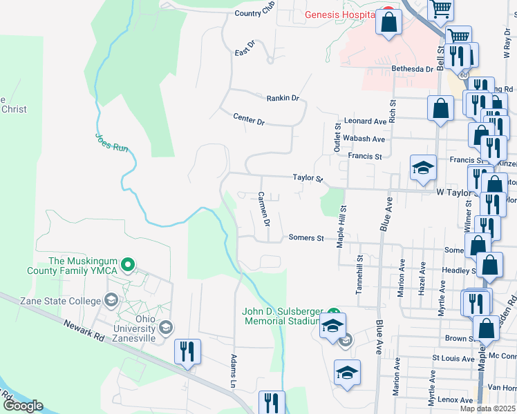 map of restaurants, bars, coffee shops, grocery stores, and more near 2221 Deanne Drive in Zanesville
