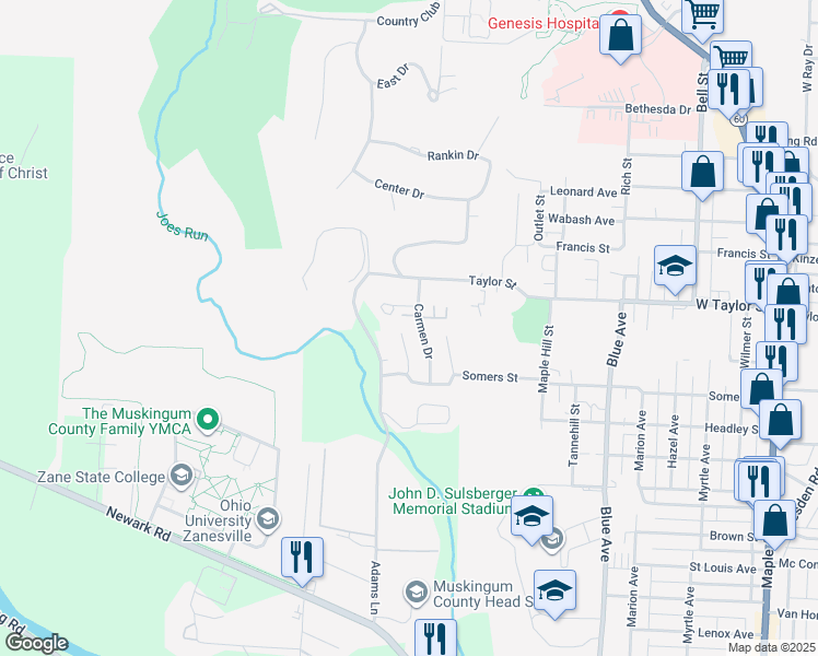 map of restaurants, bars, coffee shops, grocery stores, and more near 2221 Deanne Drive in Zanesville