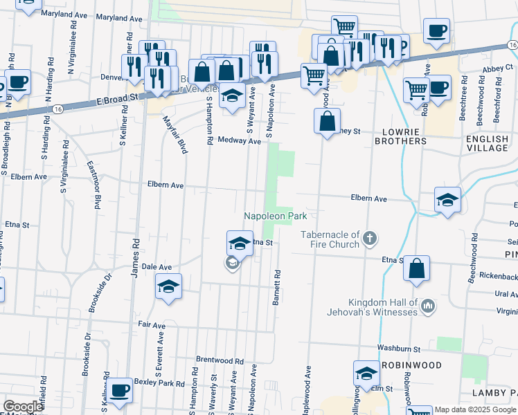 map of restaurants, bars, coffee shops, grocery stores, and more near 317 South Napoleon Avenue in Columbus