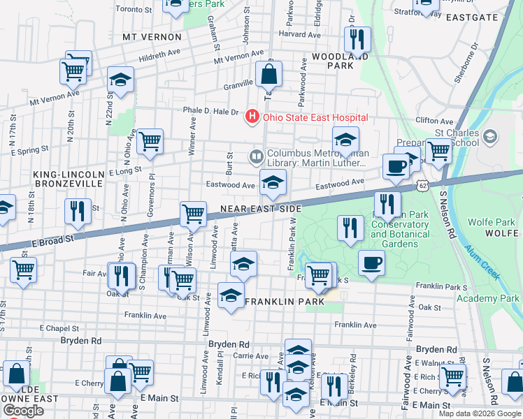 map of restaurants, bars, coffee shops, grocery stores, and more near 1445 East Broad Street in Columbus