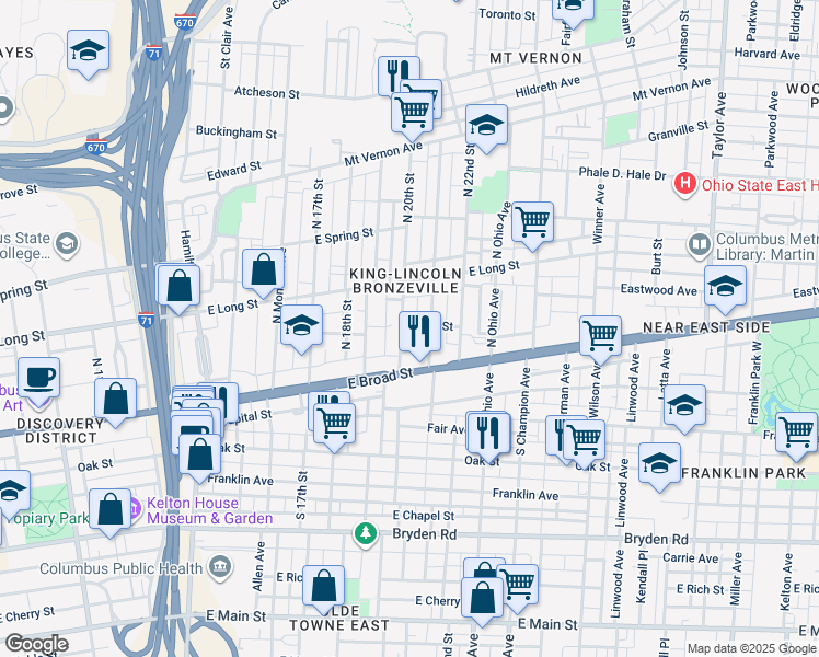 map of restaurants, bars, coffee shops, grocery stores, and more near 33 North 20th Street in Columbus