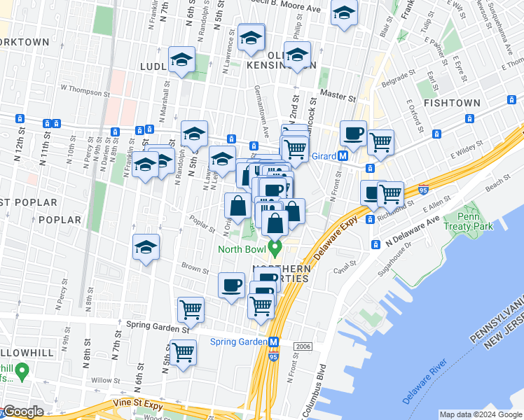 map of restaurants, bars, coffee shops, grocery stores, and more near 1010 North American Street in Philadelphia
