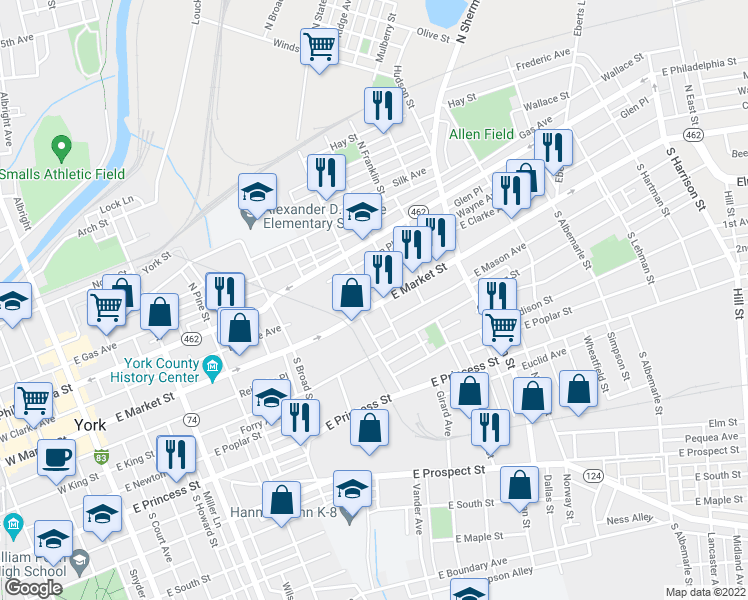 map of restaurants, bars, coffee shops, grocery stores, and more near 601 East Market Street in York