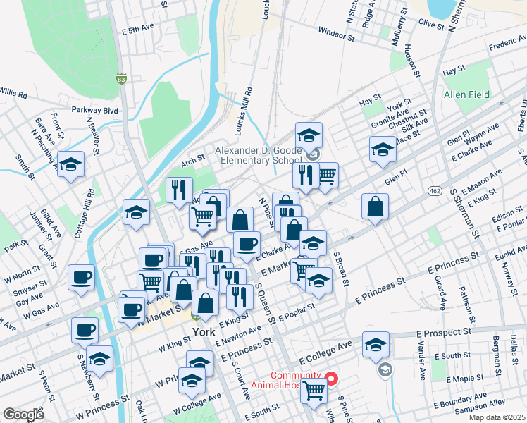 map of restaurants, bars, coffee shops, grocery stores, and more near 259 Walnut Street in York